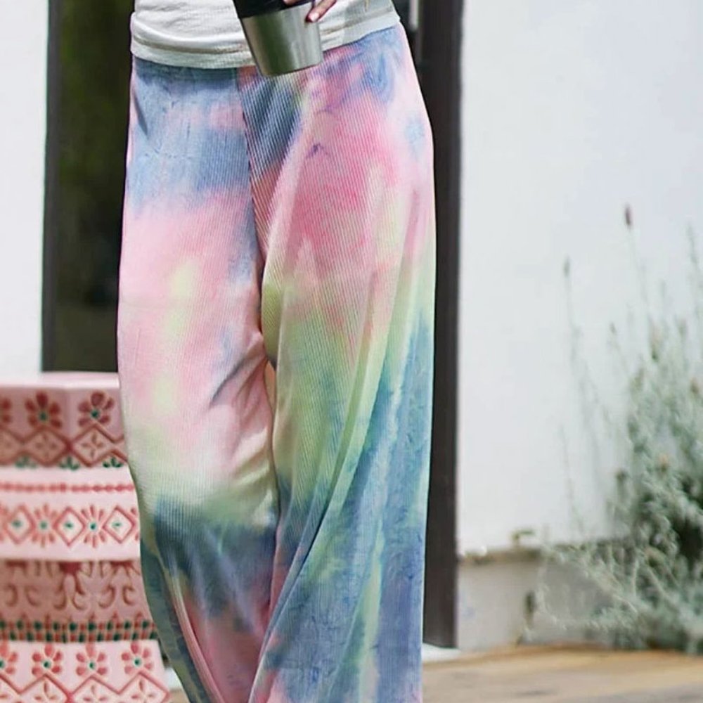 Tie Dye Ribbed and Lined Capri Wide-leg Pants